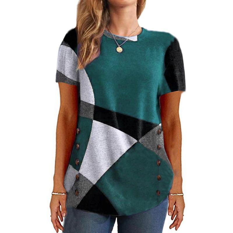 BITCED Summer Spring Women's Button Geometric Clash Short Sleeve Printed Loose T-Shirt Top