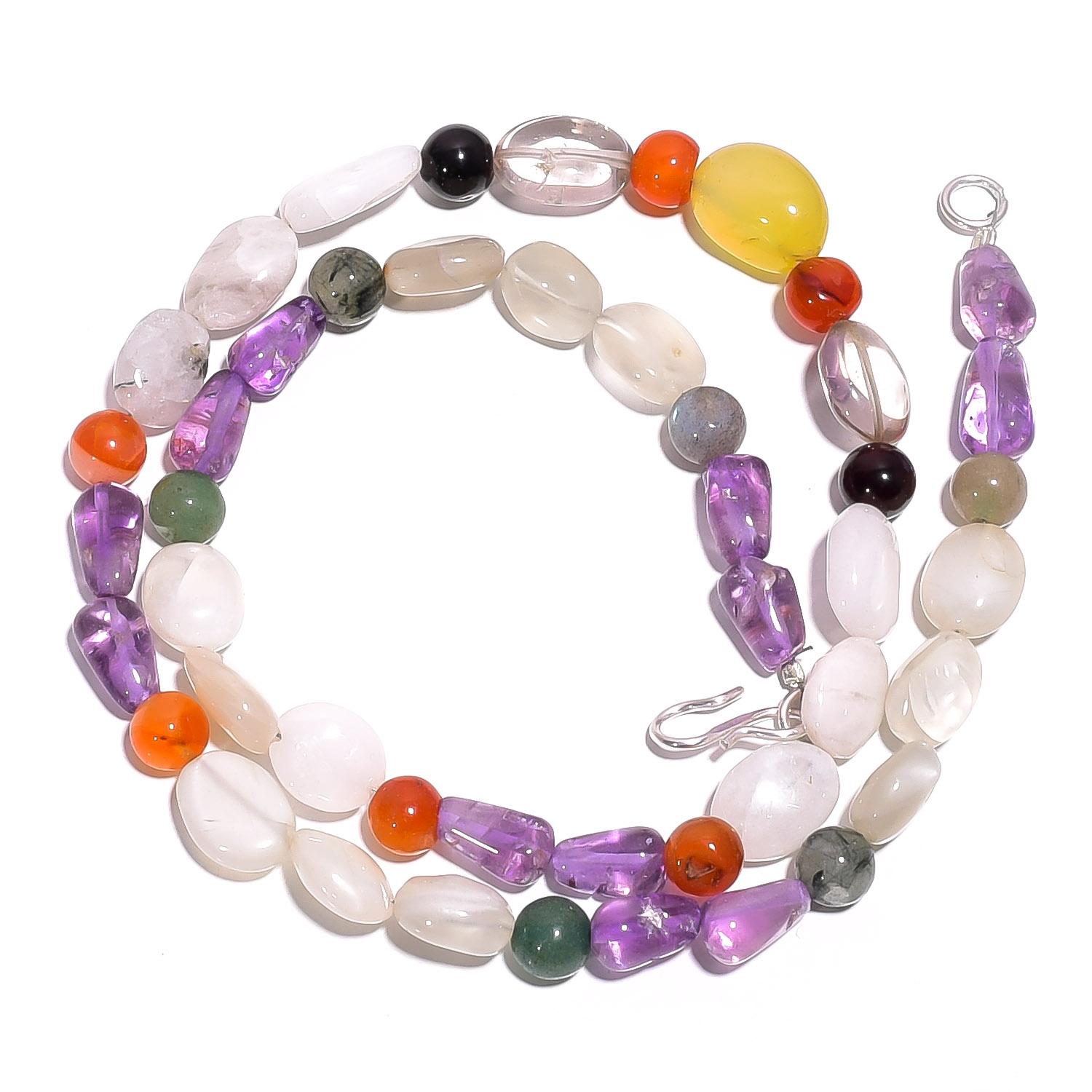 

Natural Moonstone Amethyst Carnelian Gemstone Smooth Beads Necklace 17 UB-4546 UB-4546