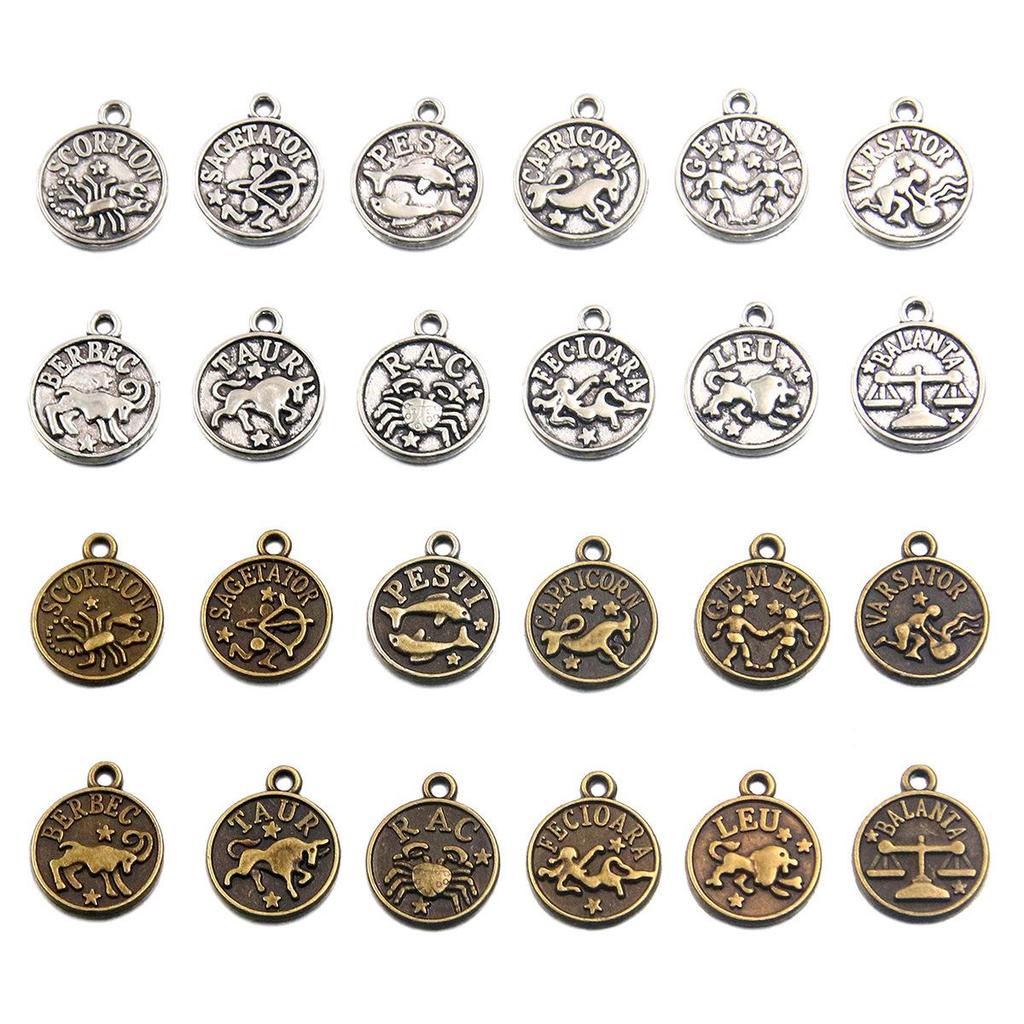 12x15mm Round Zodiac Constellation Pendant: Retro Symbol Alloy Jewelry for DIY Bracelets & Keychains