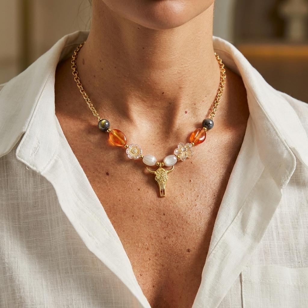Ethnic Bull Head Pendant Necklace Women Vintage Stainless Steel Stone Beaded Clavicle Chain Party Fashion Jewelry Gift