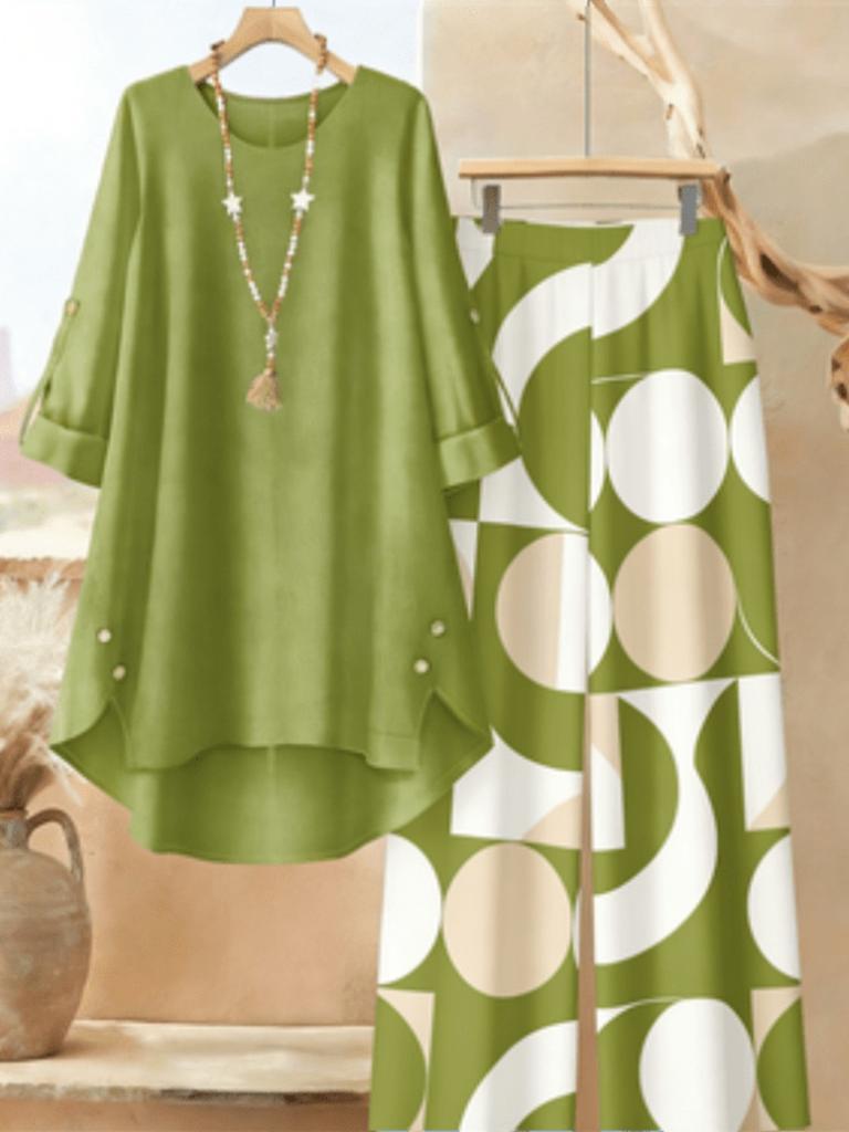 Large Size Women's Seven-quarter-sleeved Irregular Top Plant-printed Wide-leg Pants Casual Two-piece Set Multi-color