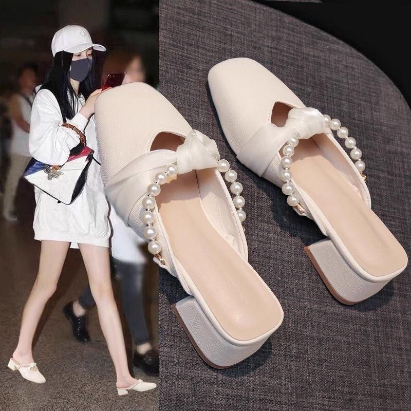 Soft Leather Half Slippers Fairy French Pearl Bag Head Slippers 2025 Spring and Summer New High Heels Lazy Outer Slippers
