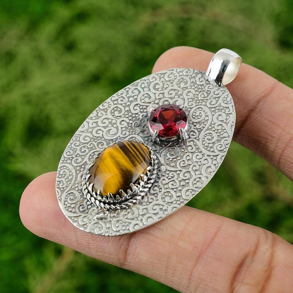 Daughters Day Sale Sterling Silver Tiger's Eye Stone Rubellite Pendant Jewelry