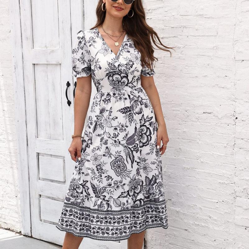 

Summer Women s Fashionable and Casual Printed Puff Sleeve Dress XXL чёрный