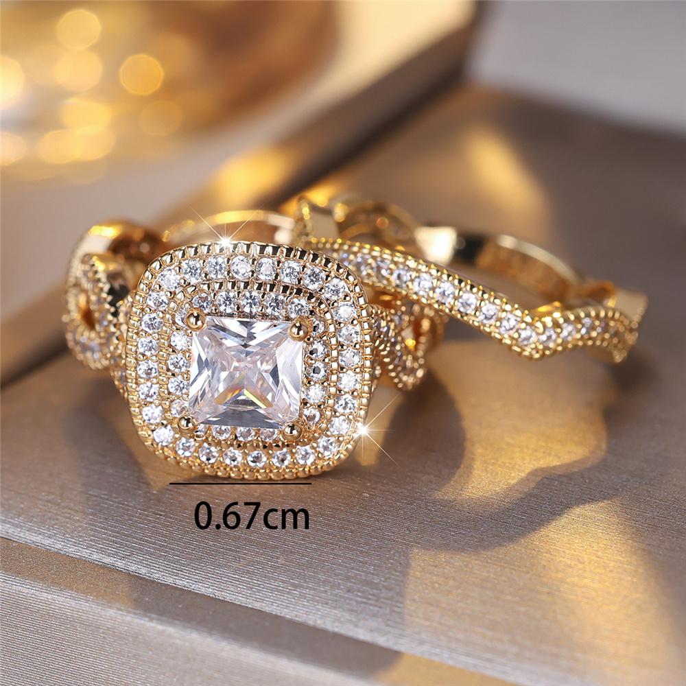 Crystal Female White Zircon Squarel Stone Ring Set Fashion Vintage Gold Color Bridal Wedding Engagement  For Women