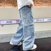 School Boys Casual Cargo Jeans With Pocket Preppy Loose Style Teenage Child Denim Pants High Fashion Kids Jeans Trousers 5-14 Y