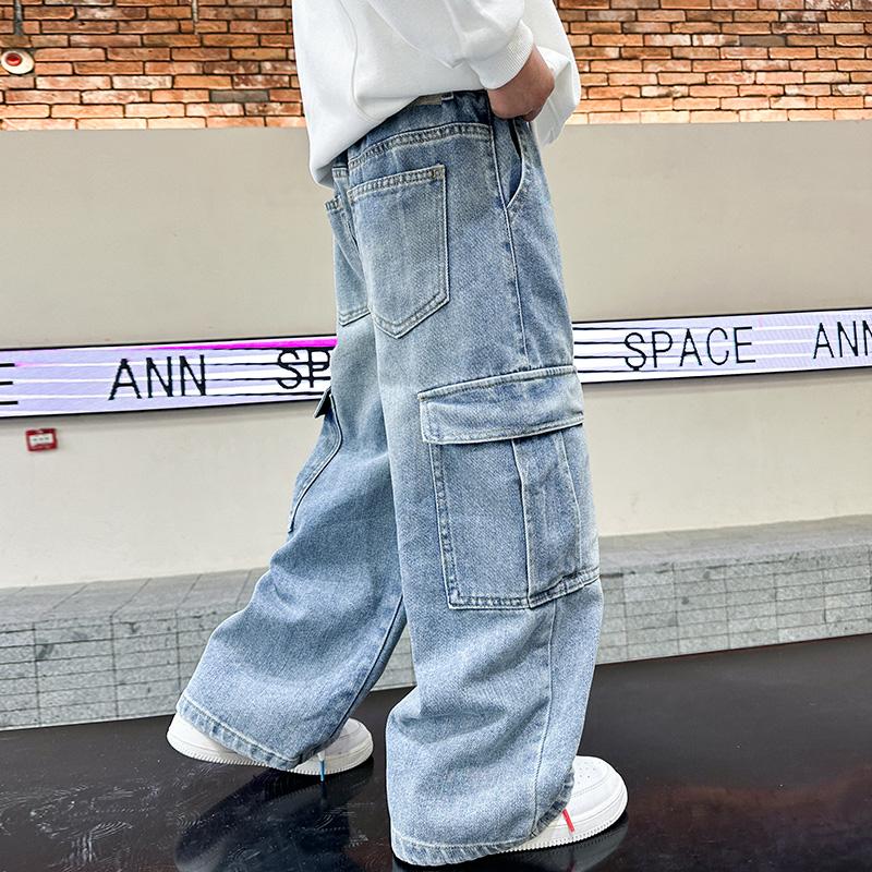 School Boys Casual Cargo Jeans With Pocket Preppy Loose Style Teenage Child Denim Pants High Fashion Kids Jeans Trousers 5-14 Y