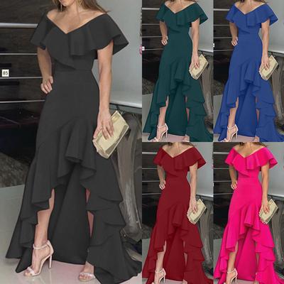 Modisches Damenkleid mit V-Ausschnitt und geteilten Rüschen, unregelmäßig, elegant