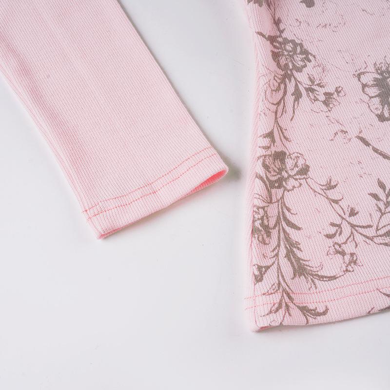 Retro scharfes florales Print V-Ausschnitt Langarm figurbetontes T-Shirt für Damen