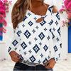 Women Plus Size Asymmetric Cutout Neck Cold Shoulder Long Sleeve Navy Geometric Printed Top