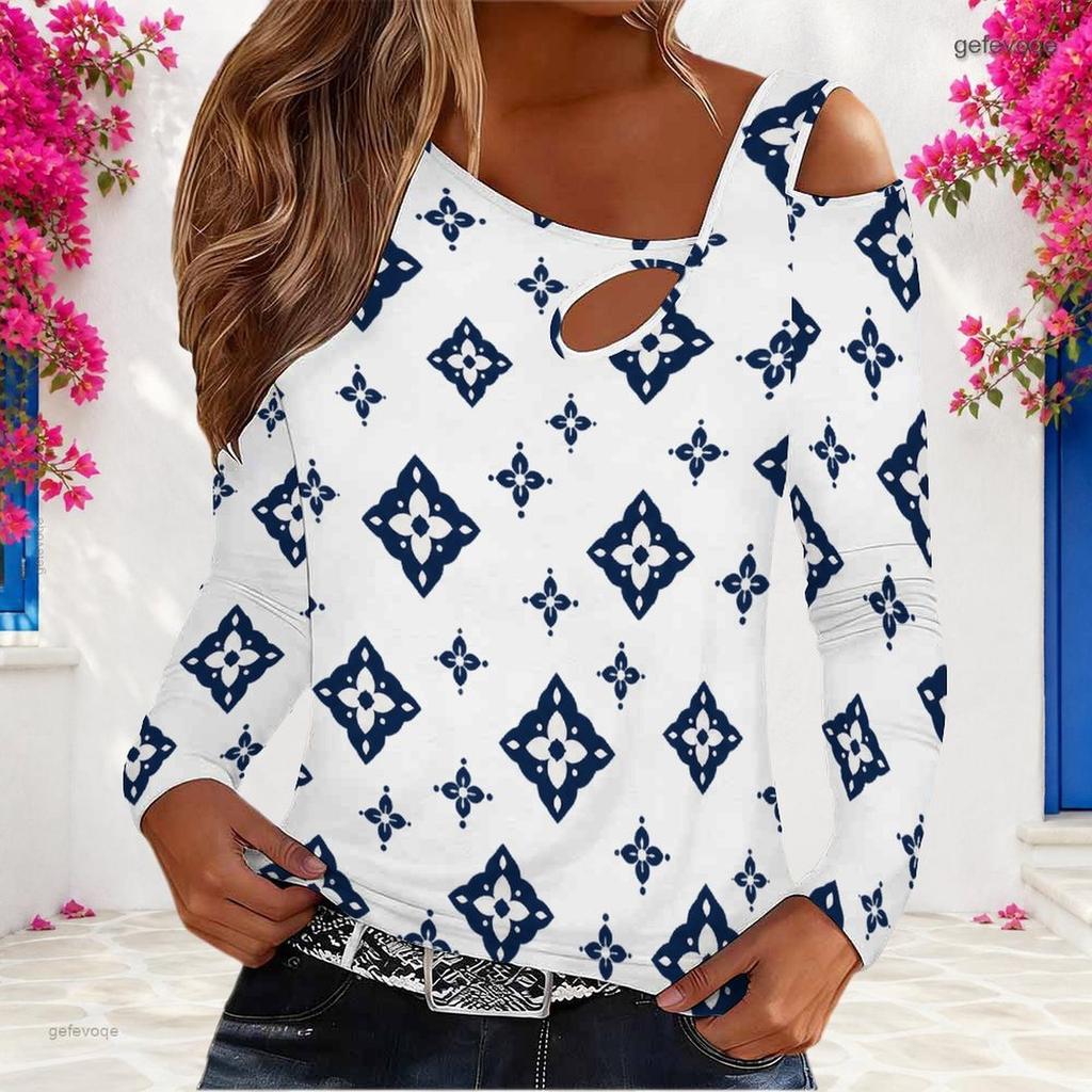 Women Plus Size Asymmetric Cutout Neck Cold Shoulder Long Sleeve Navy Geometric Printed Top