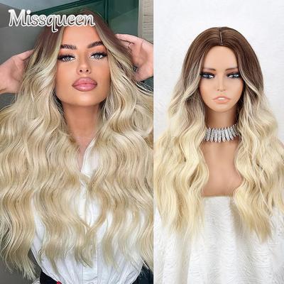 Parrucca per capelli con parte centrale ondulata lunga in platino biondo chiaro marrone Ombre Parrucca in fibra sintetica naturale per donna
