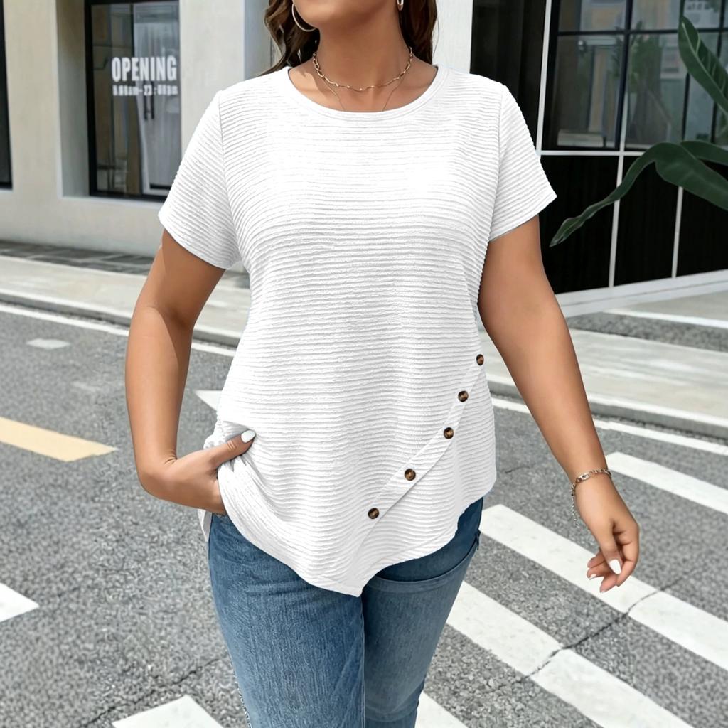 Women's Loose Fit Short Sleeve Casual T Shirt Asymmetric Hem Button Detail Lightweight Soft Fabric Comfortable Everyday Wear
