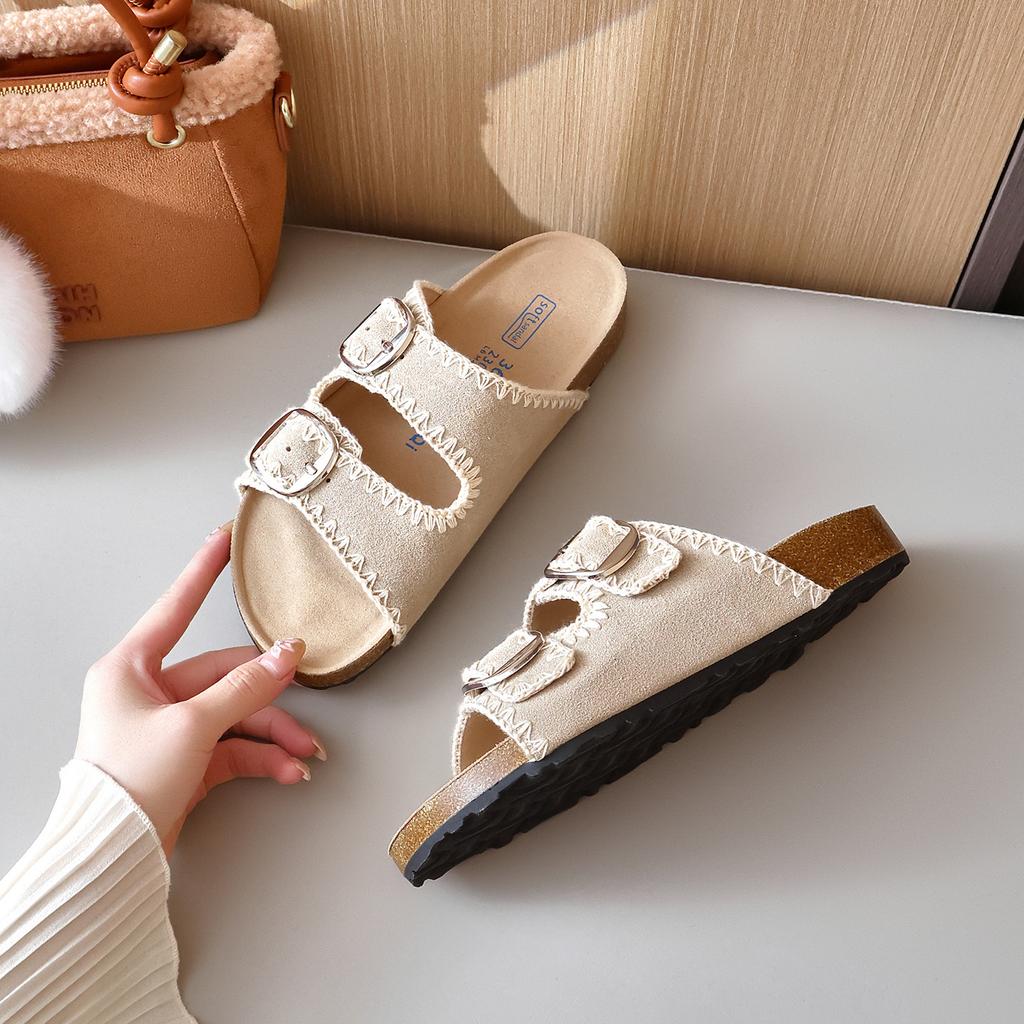 French Thick-soled Retro One-word Slippers Women's 2025 Summer New Double-buckle Sandals Outer Wear Breathable One-word Slippers
