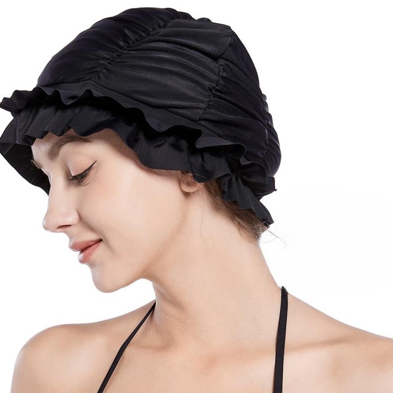 Women Ruffle Swim Cap Stretchy Ear Cover Hat Long Hair Protection Cap