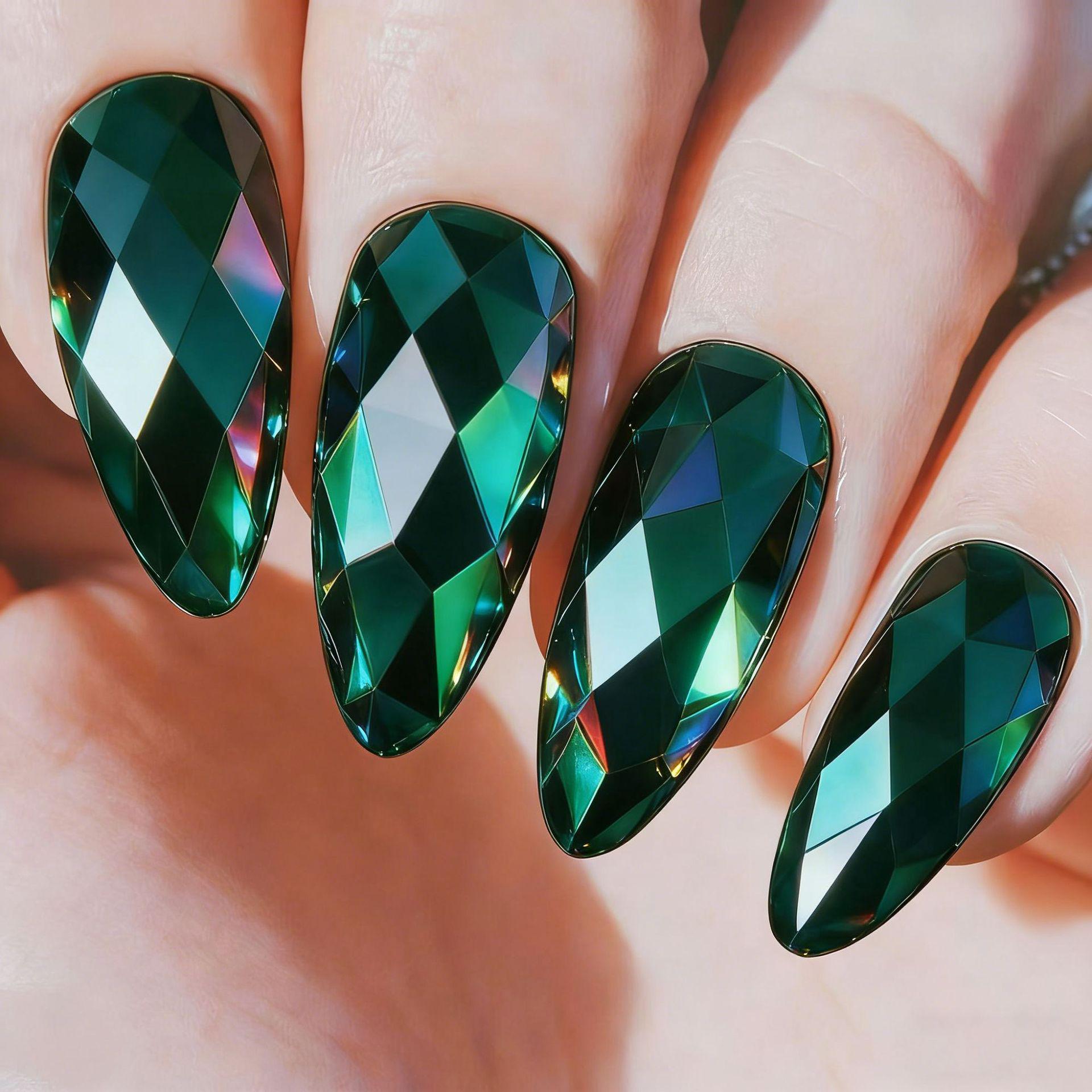 3D Iridescent Electroplated Green Rhombus Glossy False Nails