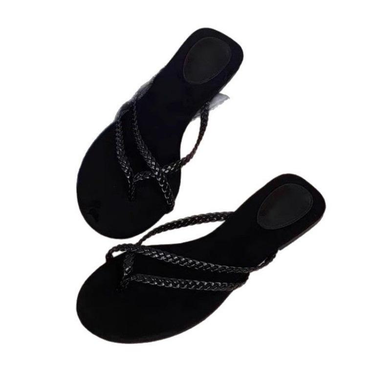 Woven Cool Slippers Summer New One-word Strap Flat Bottom Women's Fine Strap Beach Slippers Women