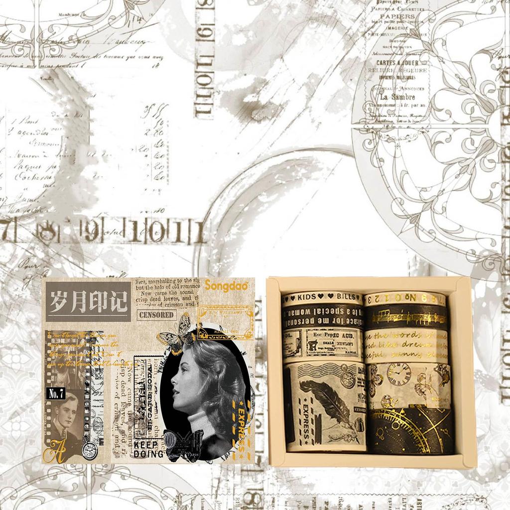 8pcs Retro Gold Washi Tapes Set Forest Nature Adhesive Masking Tape Diary Decoration Stickers