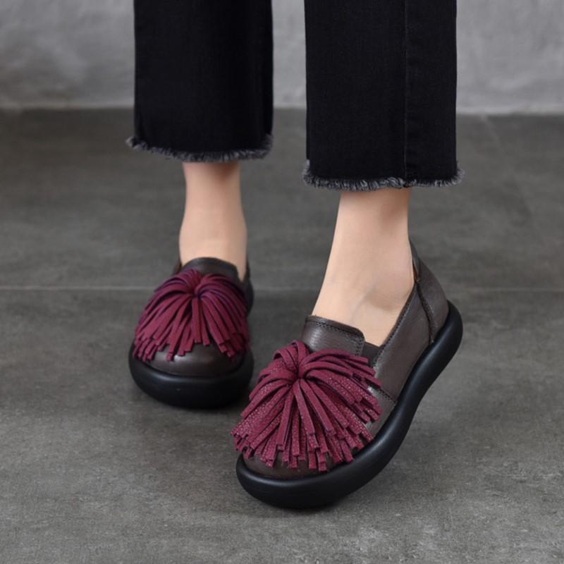 Johnature Genuine Leather Thick Soled Women's Shoes Comfortable Retro Handmade Tassel Slip-on Shoes