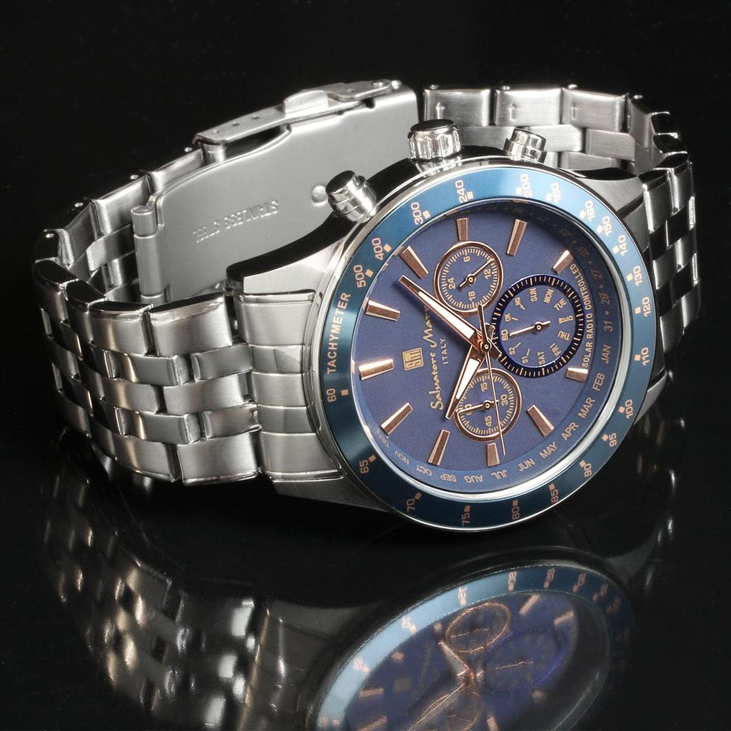 Salvatore Marra Solar Chronograph Limited Italian Blue and Pink Men's Radio-Controlled Watch, Edition, Brand, Gold, SM14117-SSBLPG