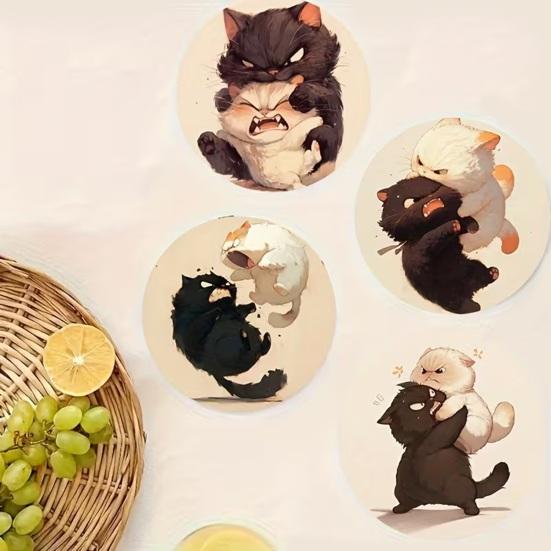 6Pcs Cute Wooden Cat Coaster, Cartoon Heat Insulation Mats for Table, Non Slip Drink Coasters for Coffee Cups