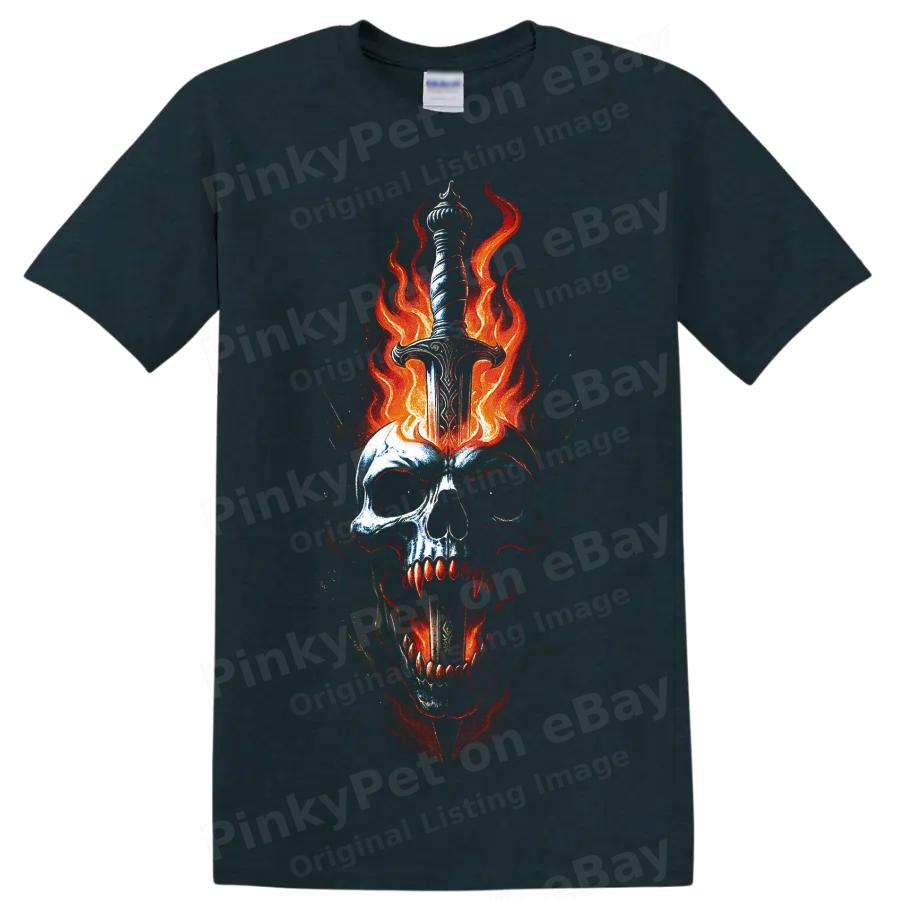 Skull Dagger Flames Gothic Horror T Shirt Fiery Dark Art Graphic Tee Unisex Top