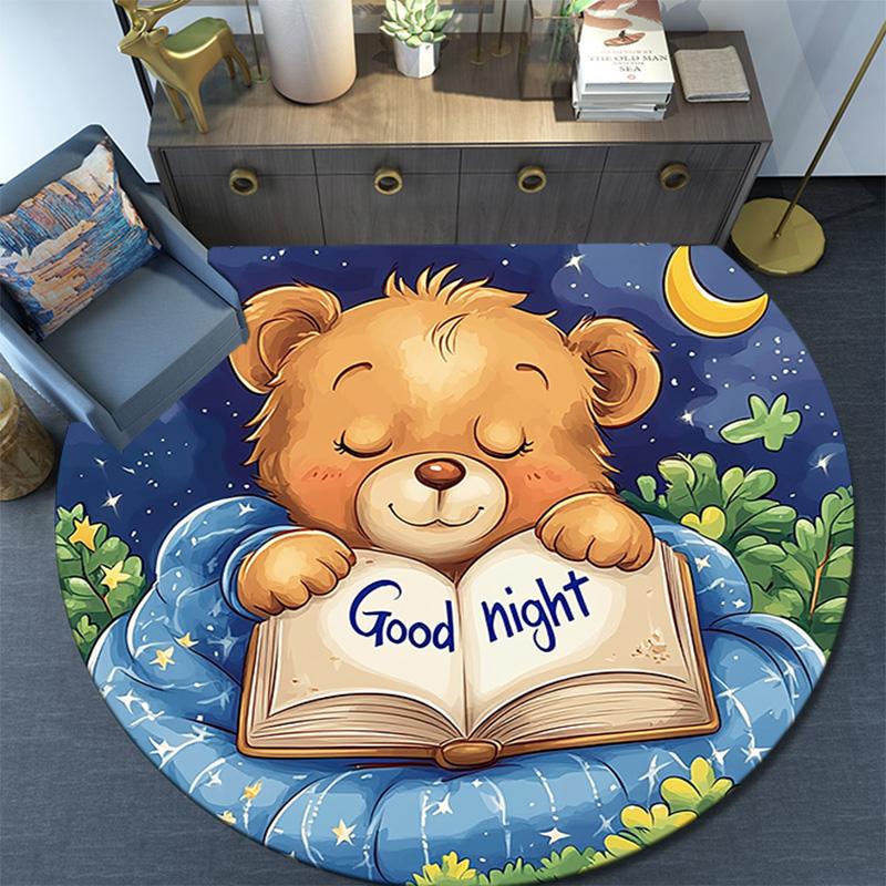 Teddy Bear Reading Book Round Area Rug,Carpet Rug for Living Room Bedroom Sofa Playroom Decor,Non-slip Floor Mat