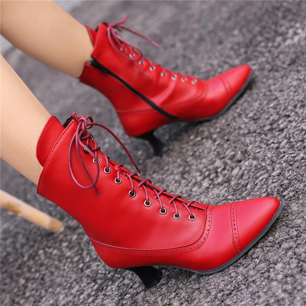 Fashion 2025 New Lace Up Ladies High Heel Shoes Strange Steampunk Boot Victorian Ankle Boots Women Pointed Toe Thick Soled Short Boots