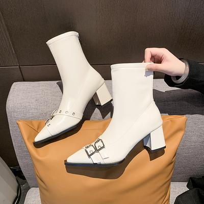 Cizme scurte pentru damă cu cataramă de designer, cu tocuri pătrate, pompe, pantofi, încălțăminte pentru femei, modă, cu vârf ascuțit, cizme elastice pentru femei.