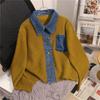 2025 Retro Denim Collar Knit Cardigan: Women's Loose Fake Two-Piece Short Design