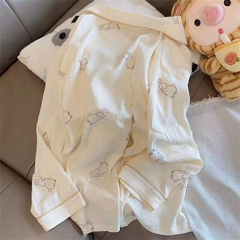 Autumn Faux Cotton Women Pajama Button Cardigan Outfits 2 Piece Set Fashion Rabbit Sweet Pajamas Set for Women