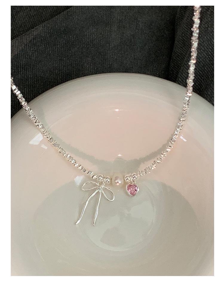 S925 Sterling Silver Pink Heart Bow Pearl Bracelet for Women