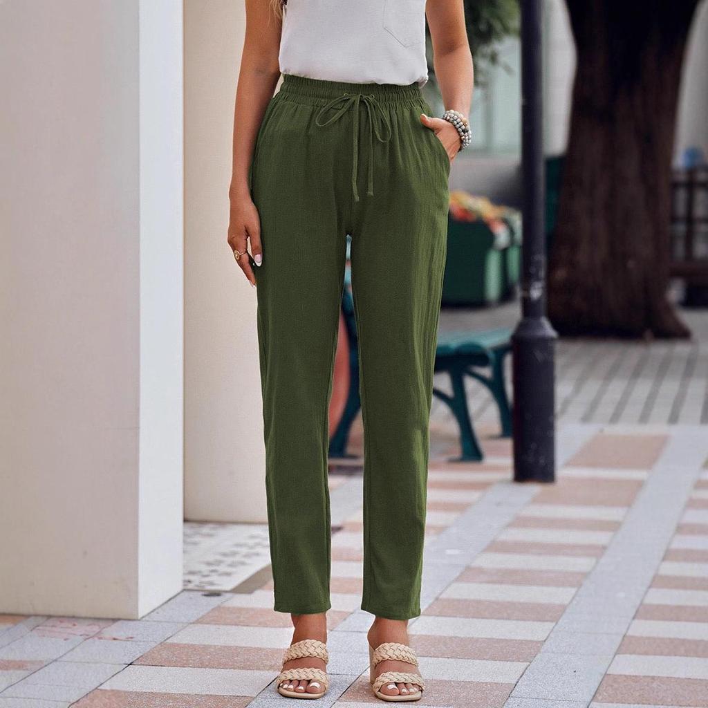 Herbst Damen Baumwoll-Leinen Kordelzug Weitbein Hose