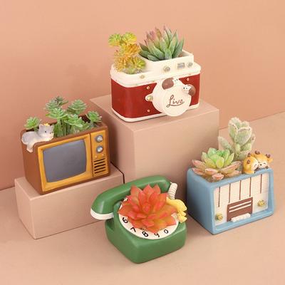 Resin Storage Box Flowerpot Creative Succulent Pot Retro Style TV Radio Bonsai Storage Box Flowerpot  Decor Desktop Ornaments