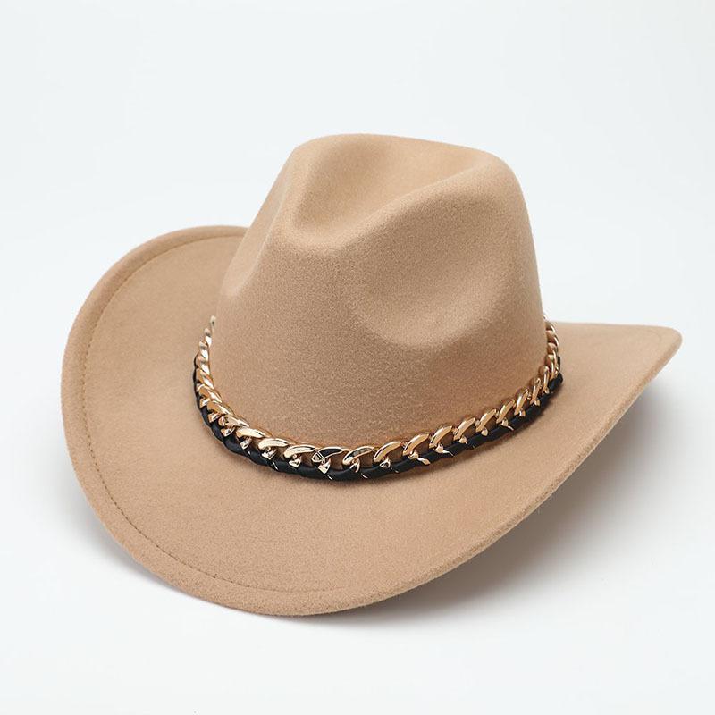 Warped edge gold chain belt Western cowboy hat Women's outdoor crimped riding hat European and American style jazz hat Men's top hat