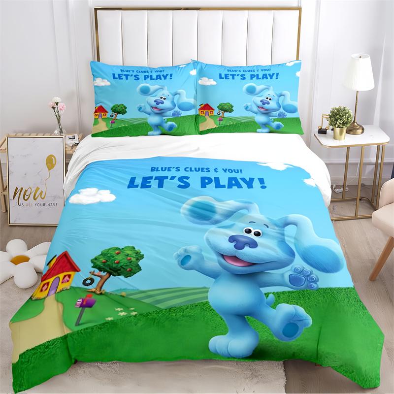 Blue Puppy & Friends Cartoon Print Bedding Set, Kids Educational Show Character Bed Linen(1 * duvet cover + 2 * pillowcase, without core)
