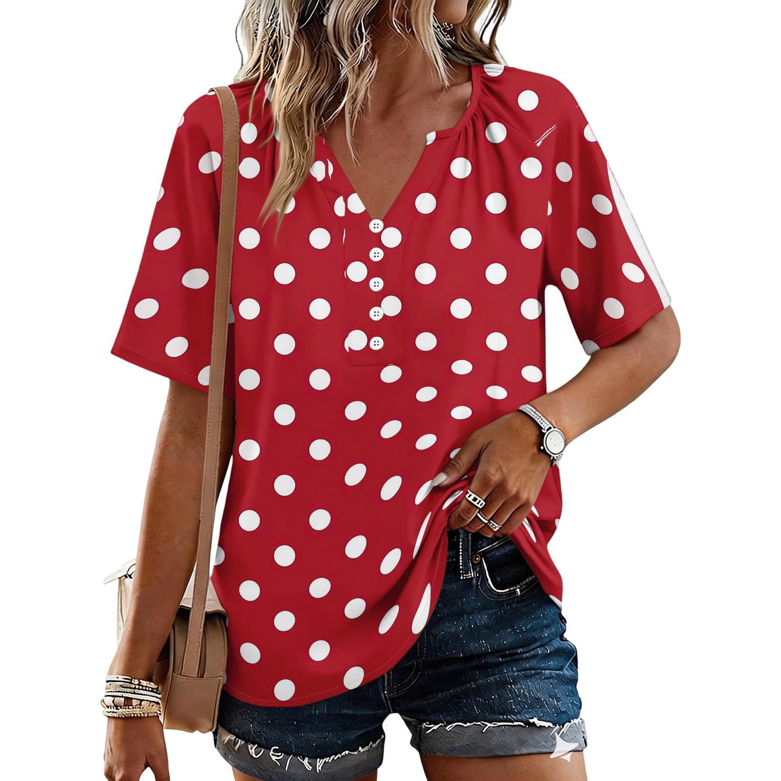 Women s Fashionable Casual Floral Print Button V-neck Short-sleeved Top M красный