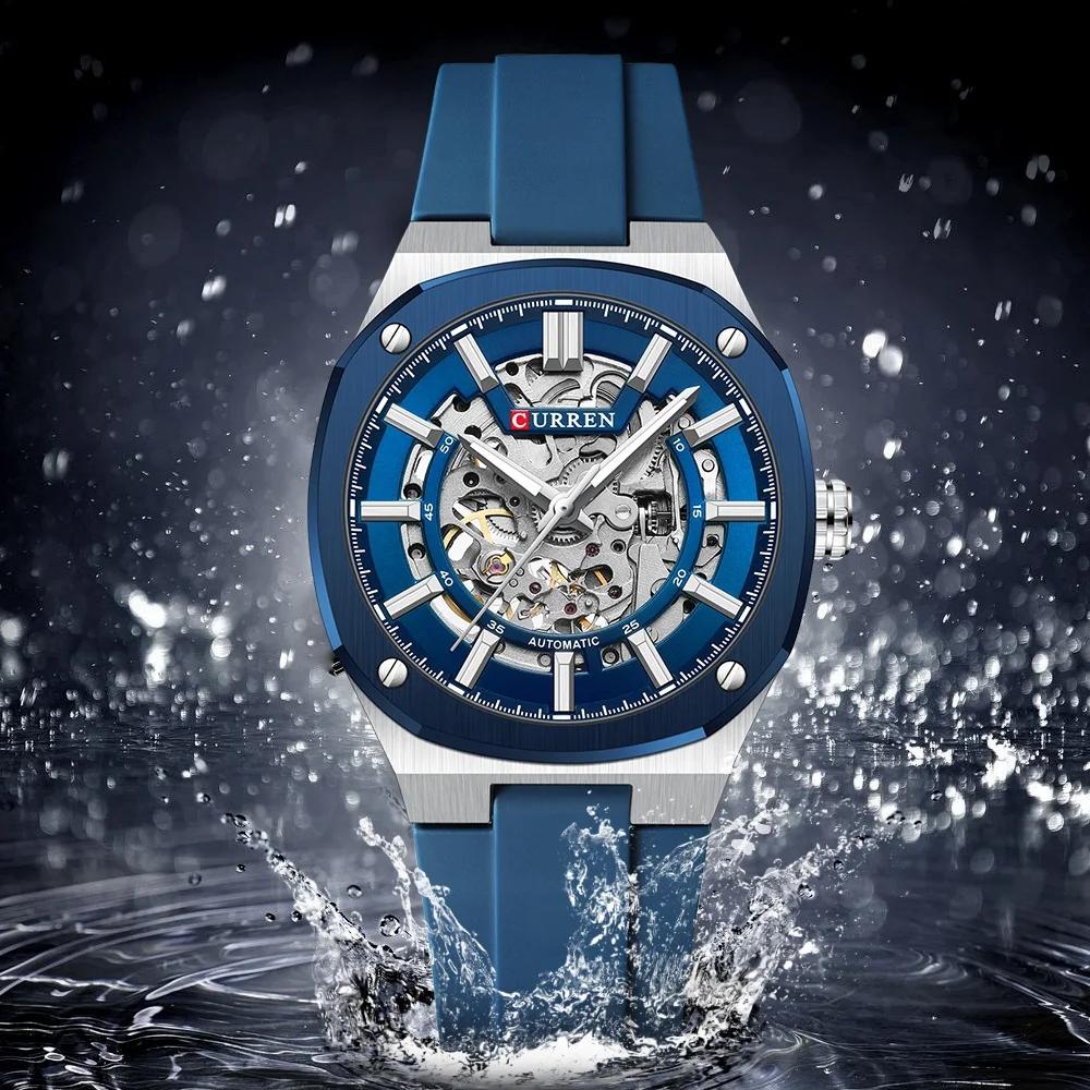 CURREN Men Automatic Mechanical Original Waterproof Silicone Strap Luminous Business Fashion Clock