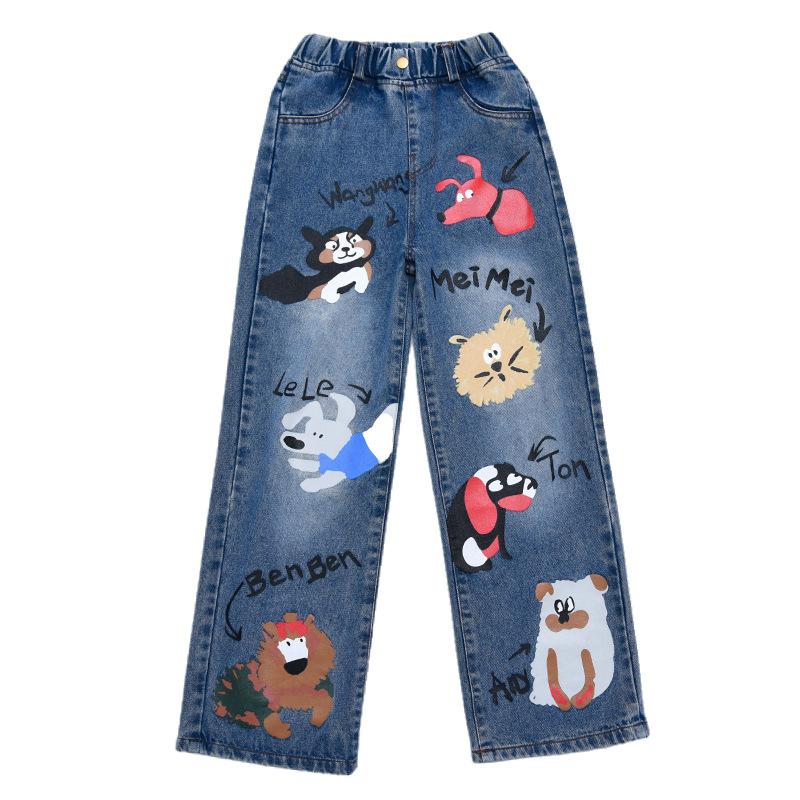 Teenage Girls Blue Street Cartoon Print Elastic Mid Waist Loose Denim Jeans Spring Fashion Children Cute Wide Leg Trousers