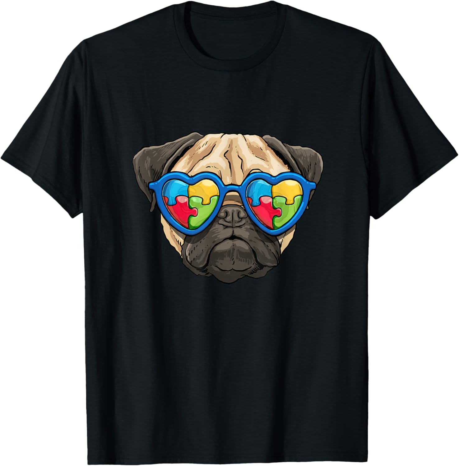 Autism Awareness Pug Dog Heart Puzzle Sunglasses Graphic Tee Casual Cotton T-Shirt for Boys 4XL
