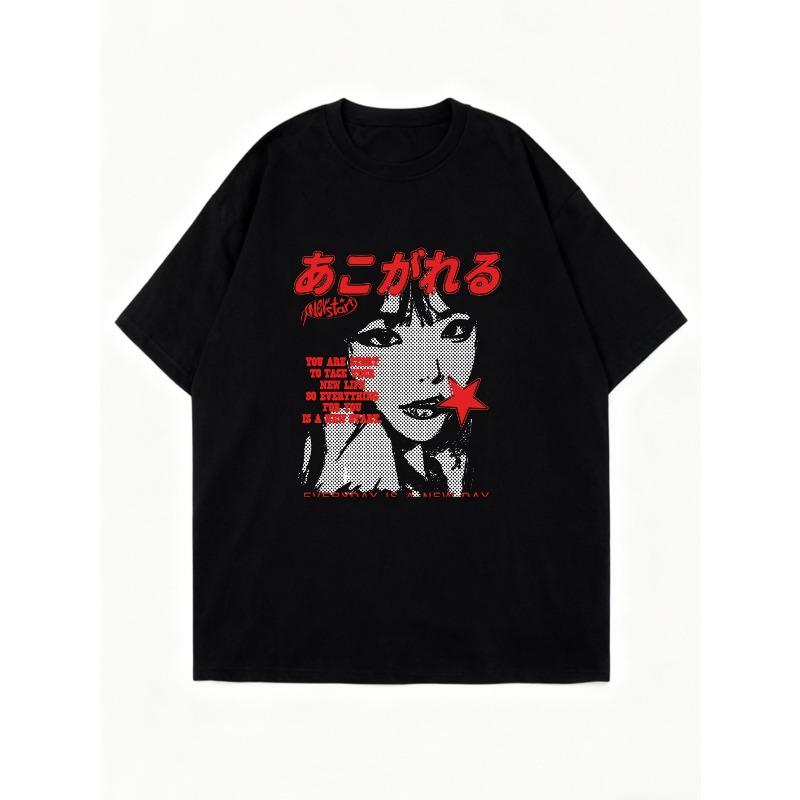 Oversized T-Shirt Black Japanese Text And Graphic Print With Star And Portrait Design Casual Streetwear For Women