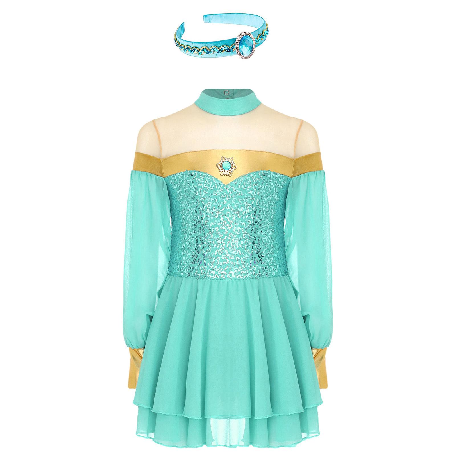 

Girls Arabian Princess Costume Lantern Sleeve Gemstone Sequin Patchwork Tulle Dress with Hair Hoop for Halloween Party 5-6 Years м ята зелений колір