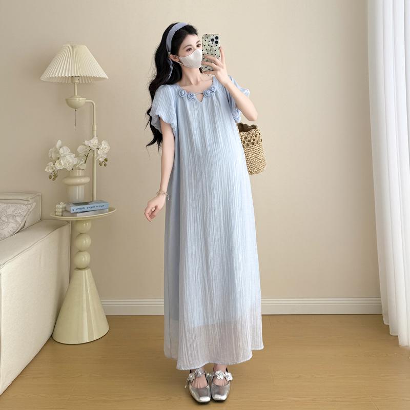 

2026 Summer Floral Bubble Sleeve Maternity Dress - Loose-Fit, Belly-Covering Skirt for Women M синій