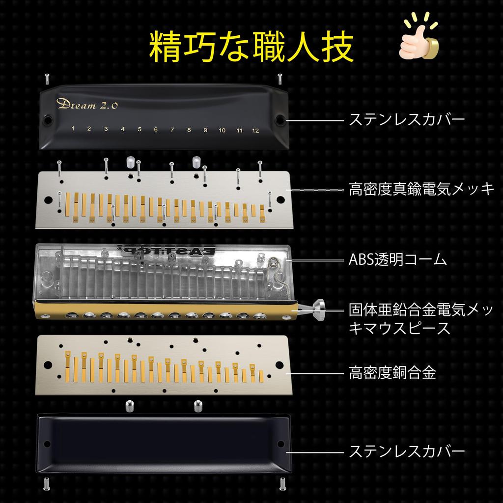 East top Harmonica Chromatic Harmonica 12 Holes 48 Notes C Chromatic Harmonica Harmonica for Adults and Professionals, Black