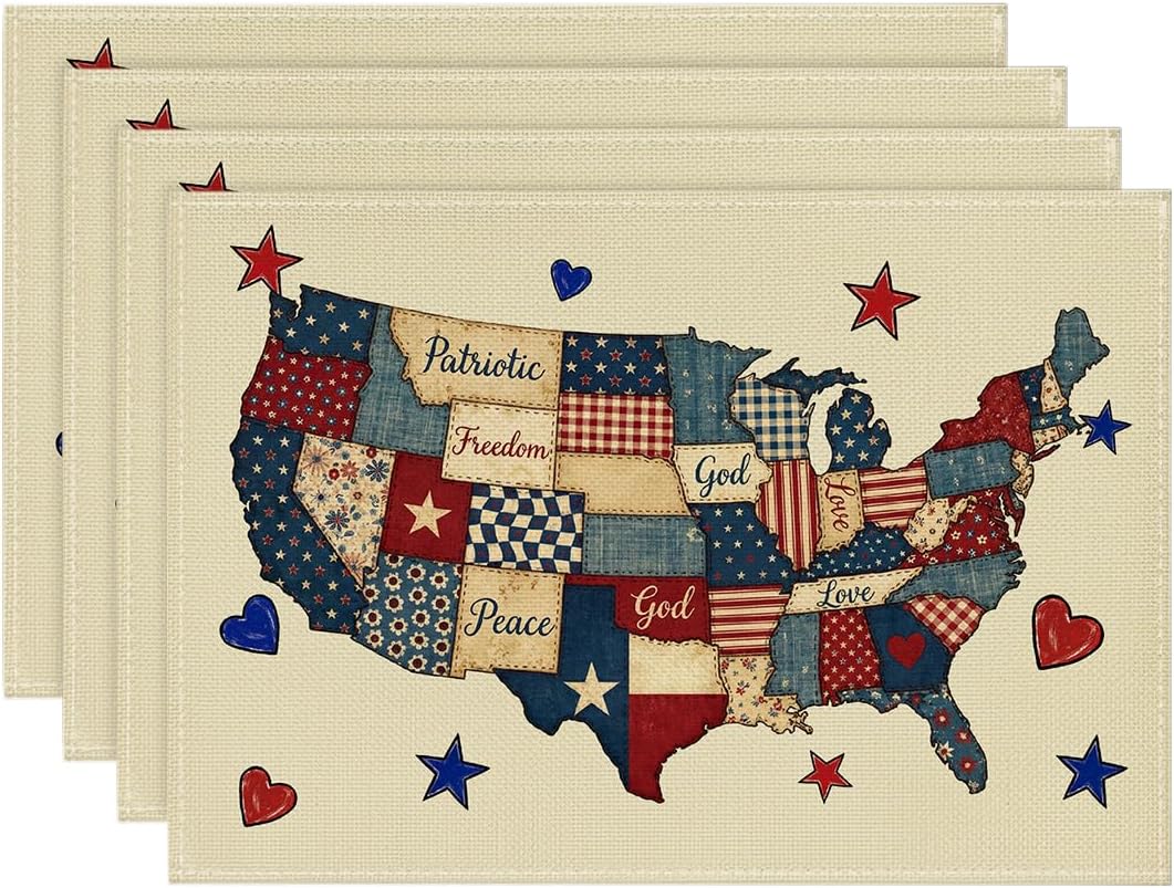 

Stars Hearts Stripes 4th of July Placemats Set of 4, 12x18 Inch Patriotic Memorial Day Table Mats for Party Kitchen Dining Decoration 4pcs-12x18