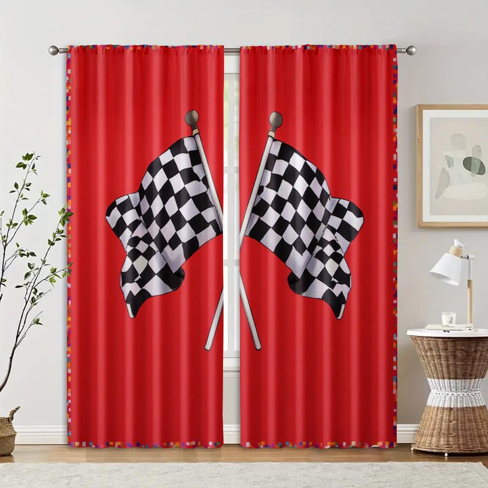 2pcs   Curtains Roller Blinds Race Flag Checkered Versatile Polyester (without rod) Decorations For Home Ldeal for Living Room