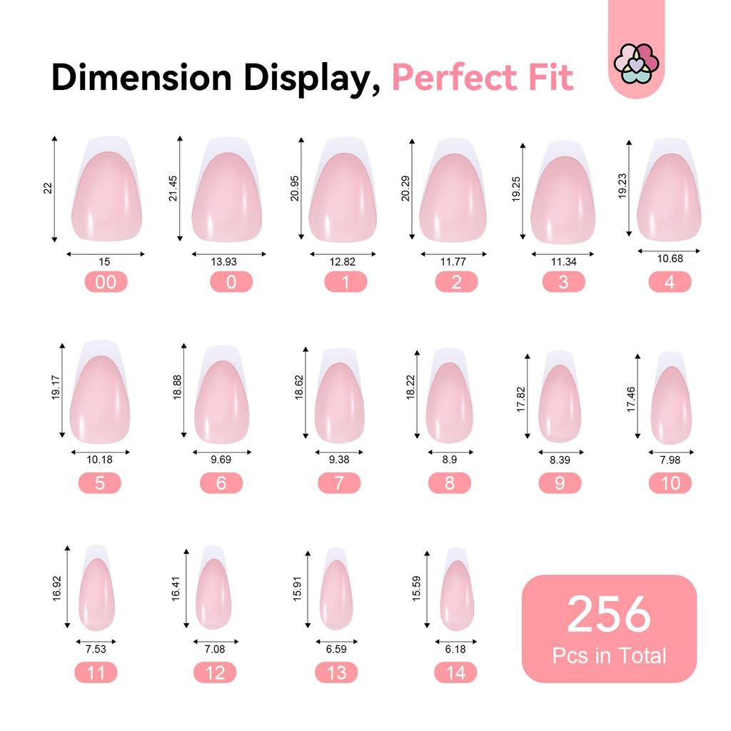 Saviland Nail Everlasting Gel Nail Pink Medium Coffin Nail Full Soft Gel Fake Solid Nail Glue UV Nail French Tip Home DIY 256-Piece Press-On Kit