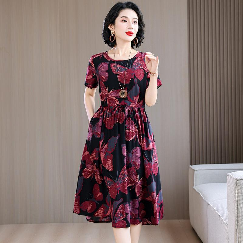 Women's Short Sleeve Midi Dress Round Neck Mid Rise Casual Floral Print A-Line Dress