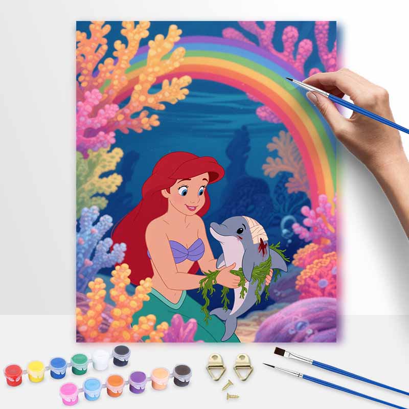 Disney Digital Oil Painting Art Painting Mermaid and Dolphin Underwater Rainbow Handmade Diy Home Decorations