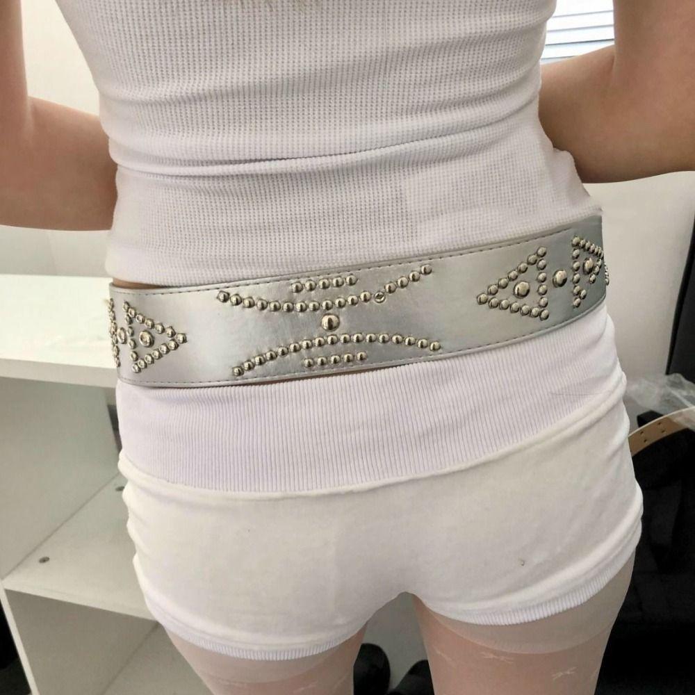 Y2K Wide Belt Silver PU Leather Waistbands Punk Rivet Waist Belt  Girl